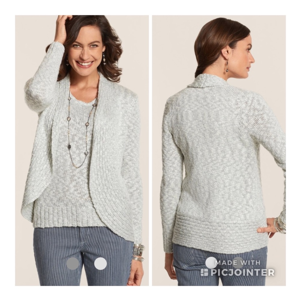 CHICO'S Chunky Knit Laurel Ivory & Silver Metallic Lurex Sweater Set